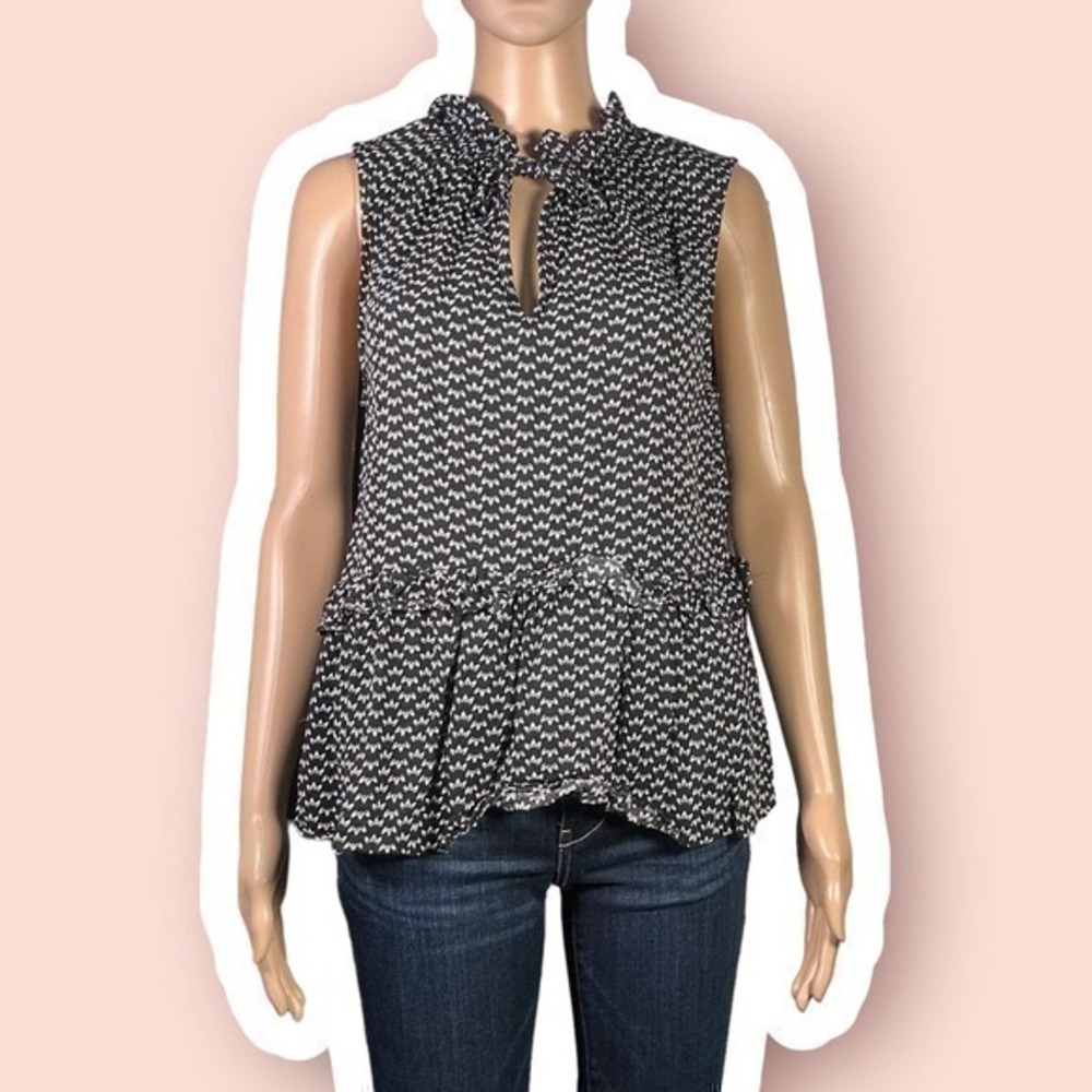 H&M Black and White Tie Neckline Babydoll Style Ruffled Top Size 12 - "Aida"